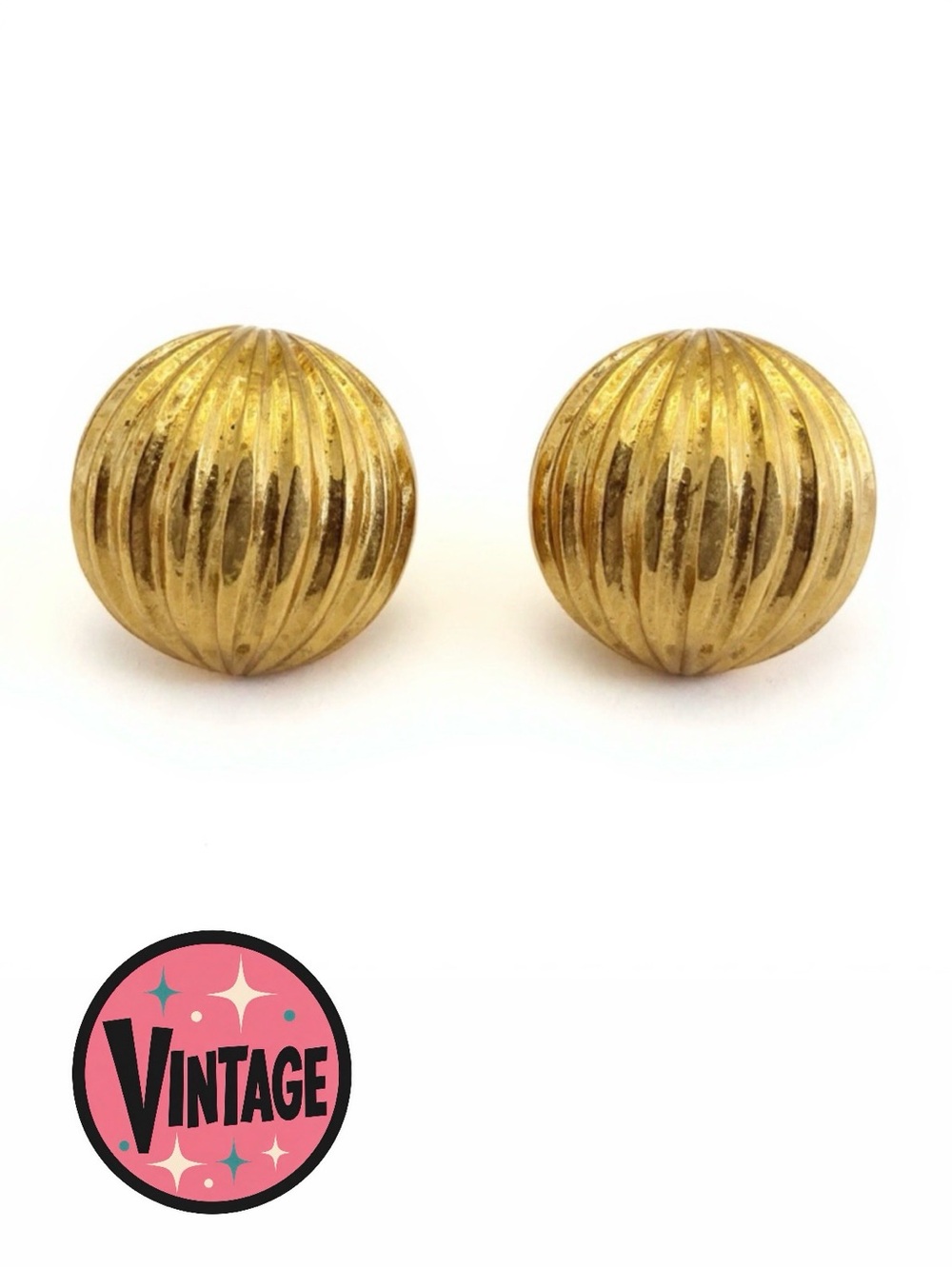 Vintage 80s Gold Fluted Ribbed Dome Stud Earrings 0.75” Chunky Textured Costume